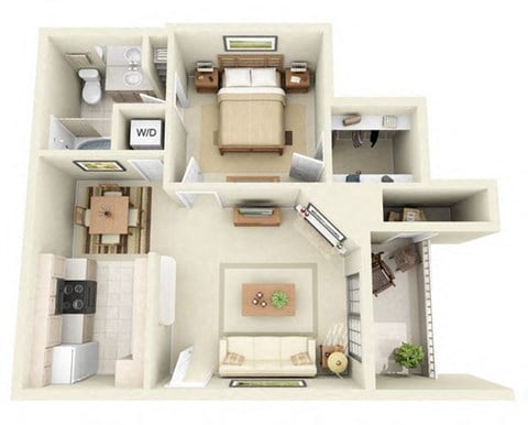 Floor plan for 1 bed, 1 bath, 627 sqft